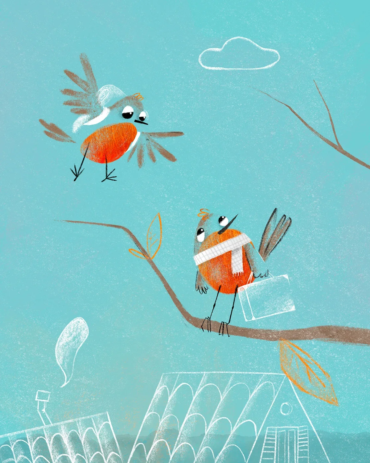Illustrazione per bambini di due pettirossi appena arrivati dalla migrazione autunnale. Uno vola con uno zaino sulle spalle, mentre l’altro, con sciarpa e valigia, lo aspetta su un ramo. Sullo sfondo azzurro, tetti di case, nuvole e foglie autunnali,