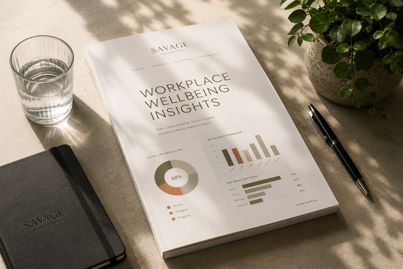 A report titled 'Workplace Wellbeing Insights' from Savage Collective, placed on a table next to a black notebook, a glass of water, a pen, and a potted plant, with sunlight casting shadows.