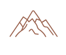 A minimalist line drawing of mountains with a sunset or sunrise behind them