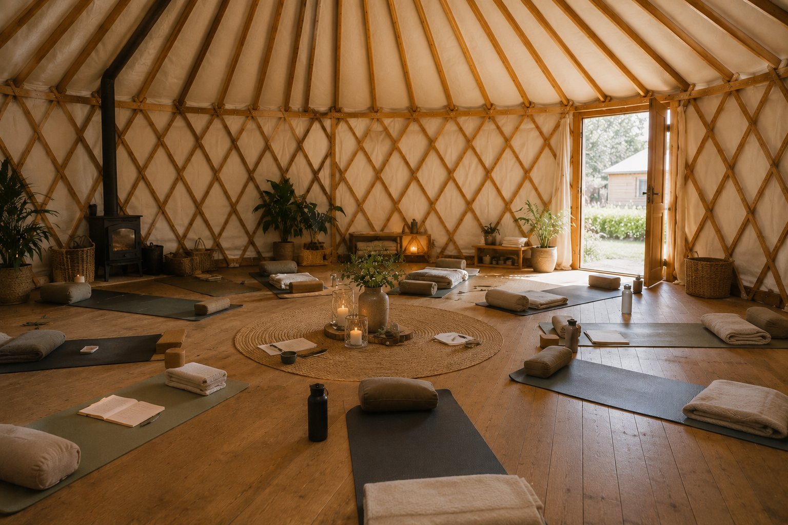Interior of a cozy yurt set up for a yoga or meditation class with mats, bolsters, towels, candles, and plants, with an open door showing an outdoor scene.