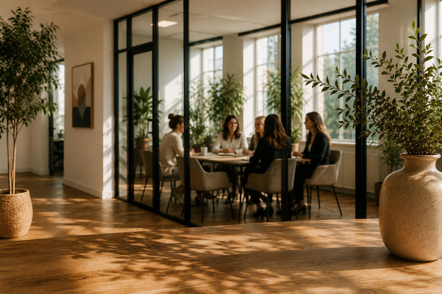 A group of five women sitting at a table in a modern office space with large windows and indoor plants, engaged in a discussion.