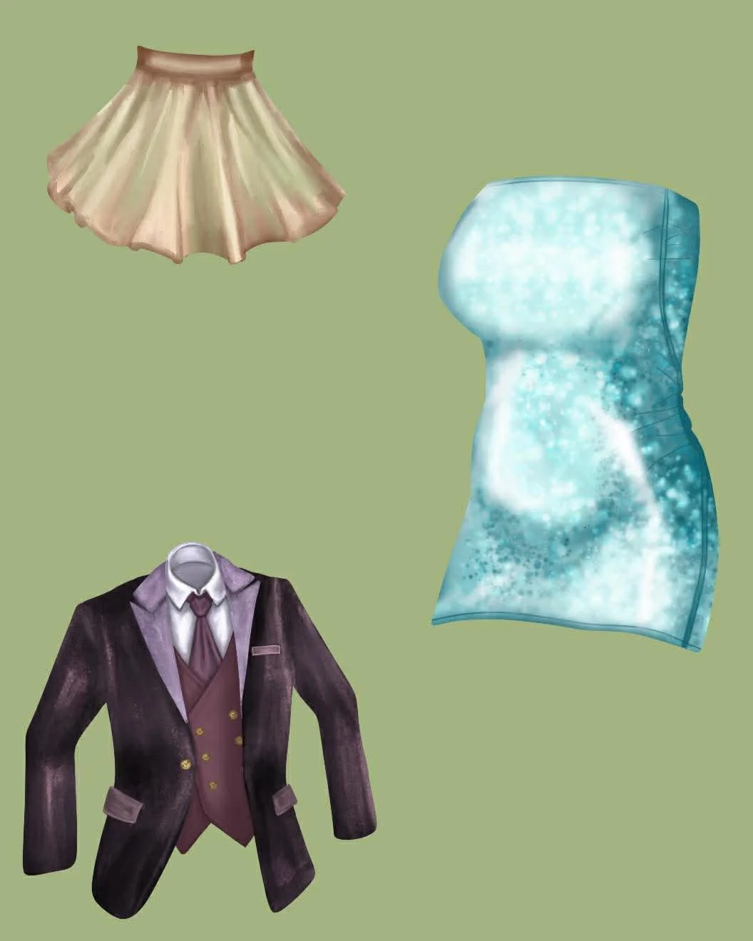 A digital illustration of a beige pleated skirt, a blue dress with white speckles, and a dark purple blazer with a shirt and tie underneath, all set against a light green background.