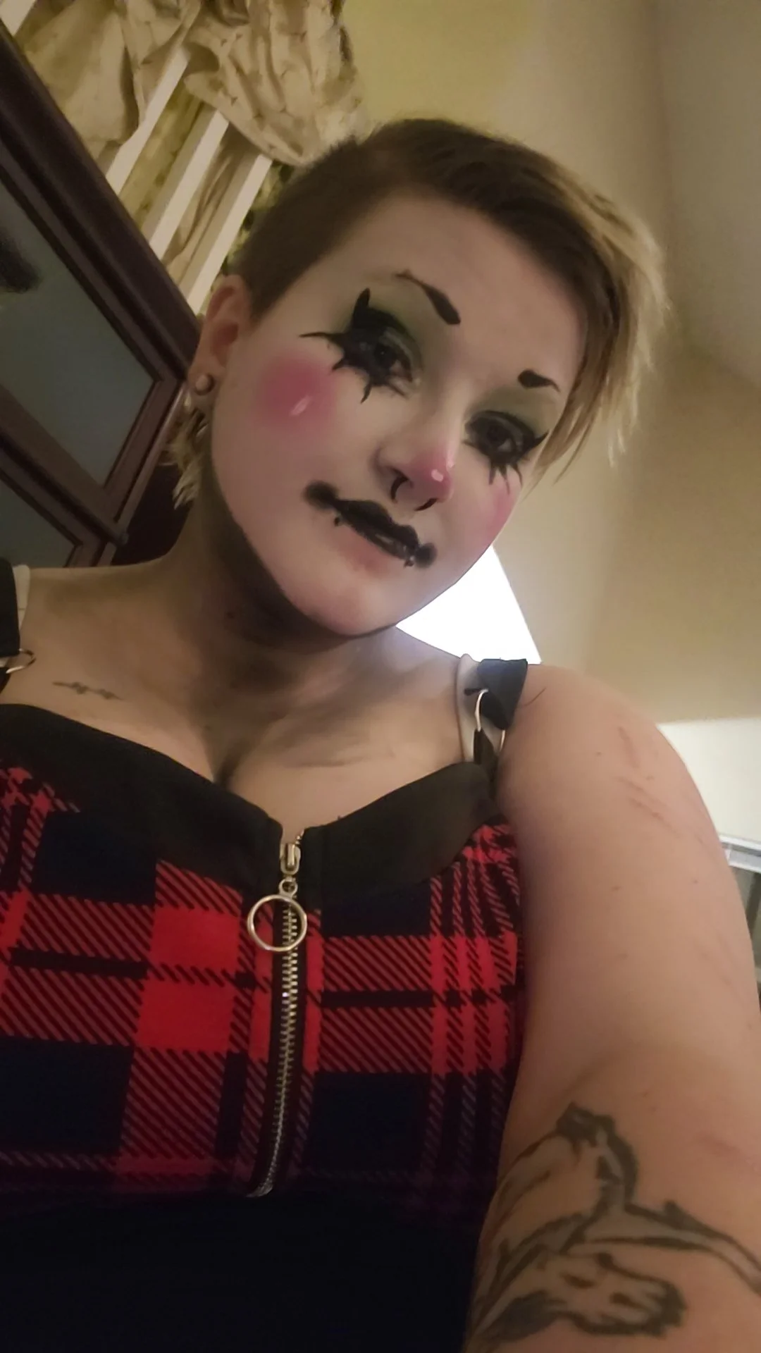 A woman with clown makeup, including black eyebrows, exaggerated eyelashes, pink cheeks, and black lipstick, wearing a red and black plaid top with a zipper, sitting indoors.