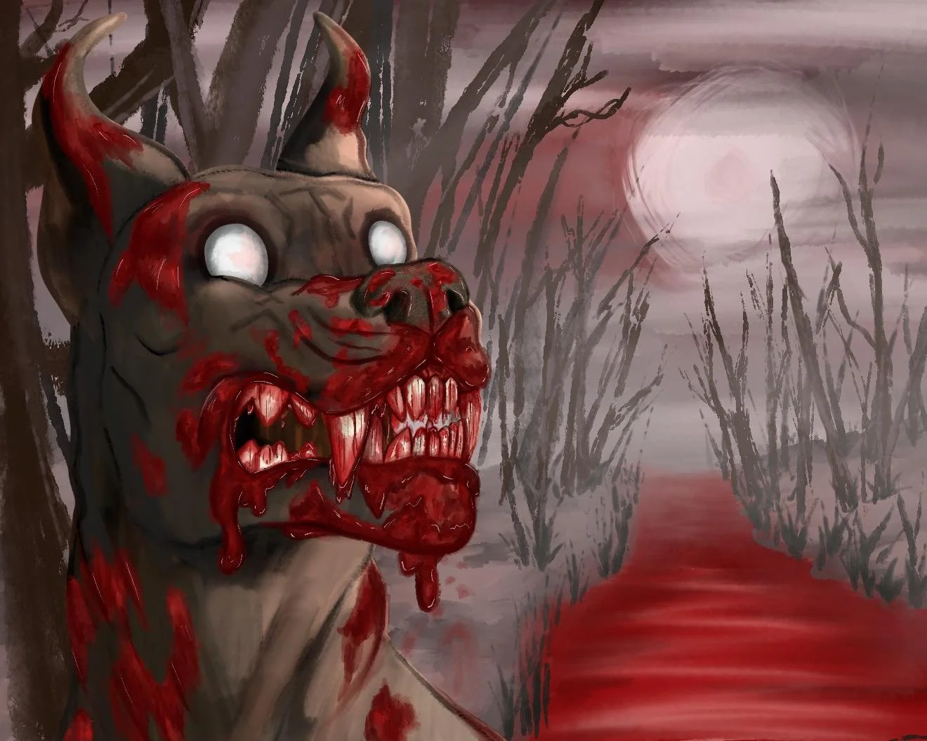 A dark, eerie scene with a monstrous, blood-covered creature with glowing white eyes and sharp teeth in the foreground. The background features a foggy, moonlit landscape with leafless trees and a red-toned river.