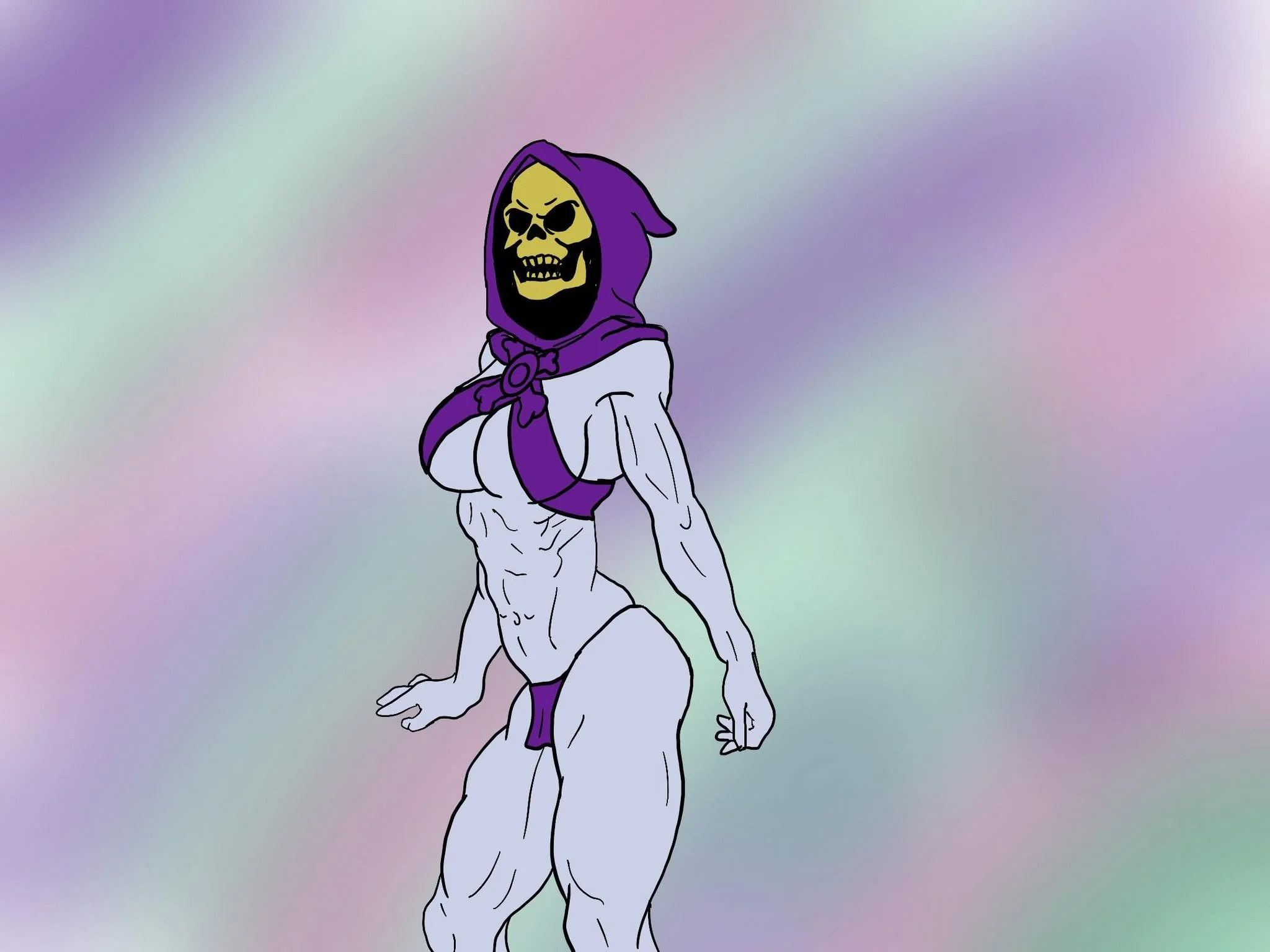 A cartoon illustration of a humanoid figure with the body of a lion and the face of a human skull, wearing a purple hooded cape, standing on all fours against a pastel-colored gradient background.