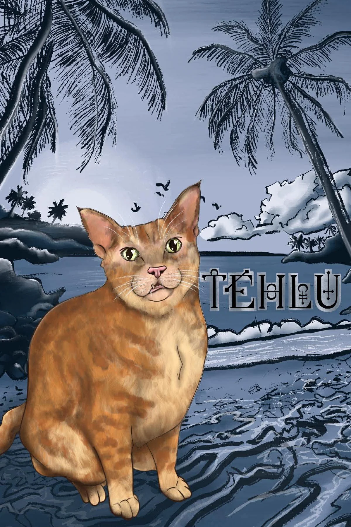 An animated orange tabby cat with green eyes and a slightly open mouth, sitting on a shoreline. In the background, there are palm trees, clouds, and a body of water with waves. The word 'TÊHLU' is written in stylized letters in the background.
