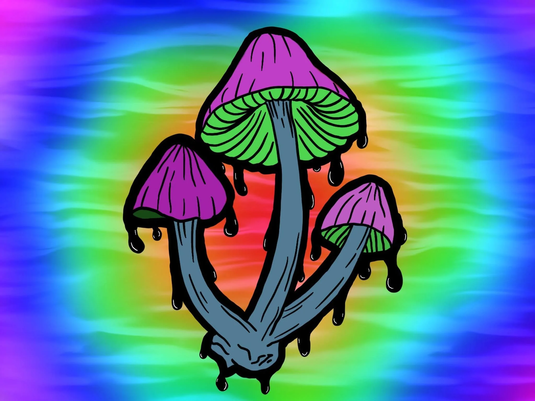 Colorful digital illustration of a line art hand holding a cluster of purple mushrooms with green gills and black droplets hanging from the caps, set against a rainbow-colored, wavy background.