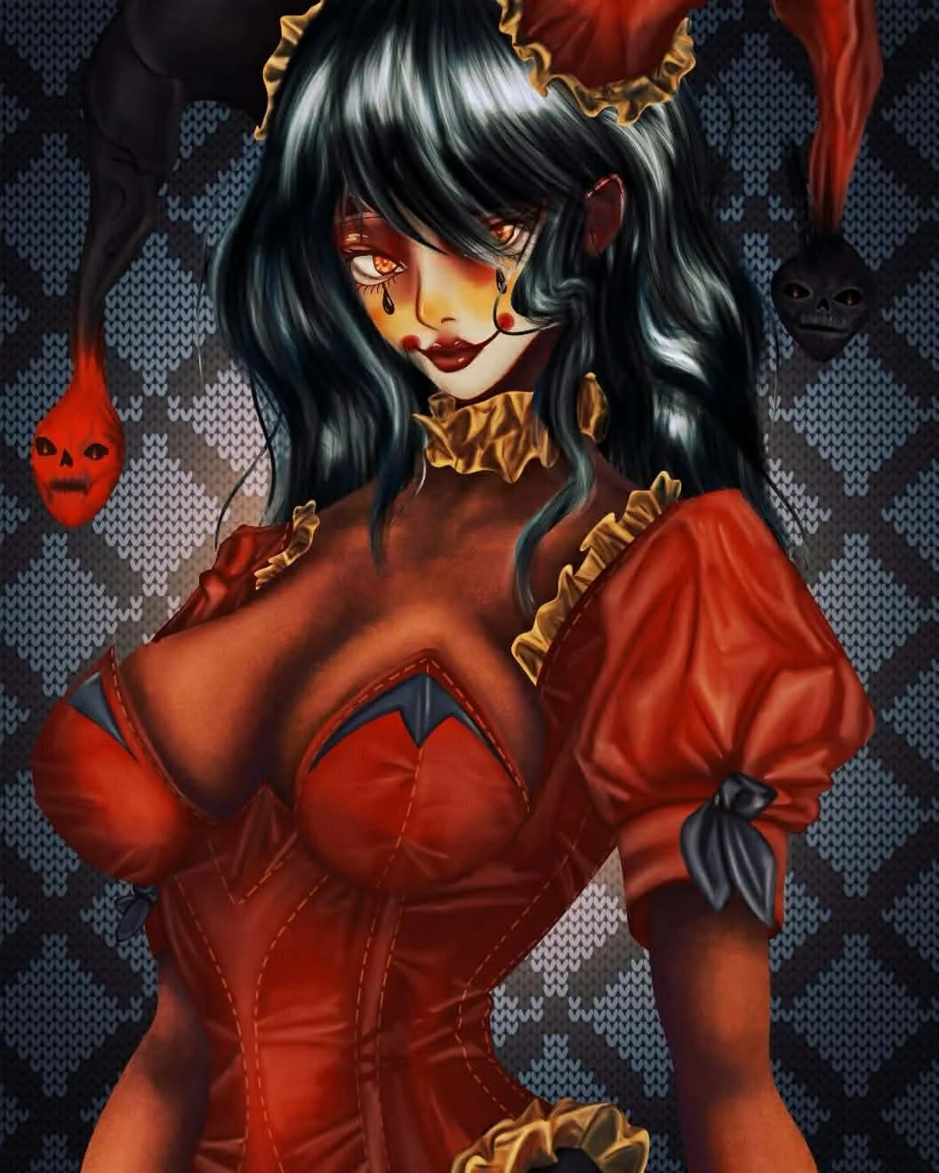 A doll-like woman with black hair, wearing a red and black corset and puffy sleeves, surrounded by hanging colorful, ghostly faces.