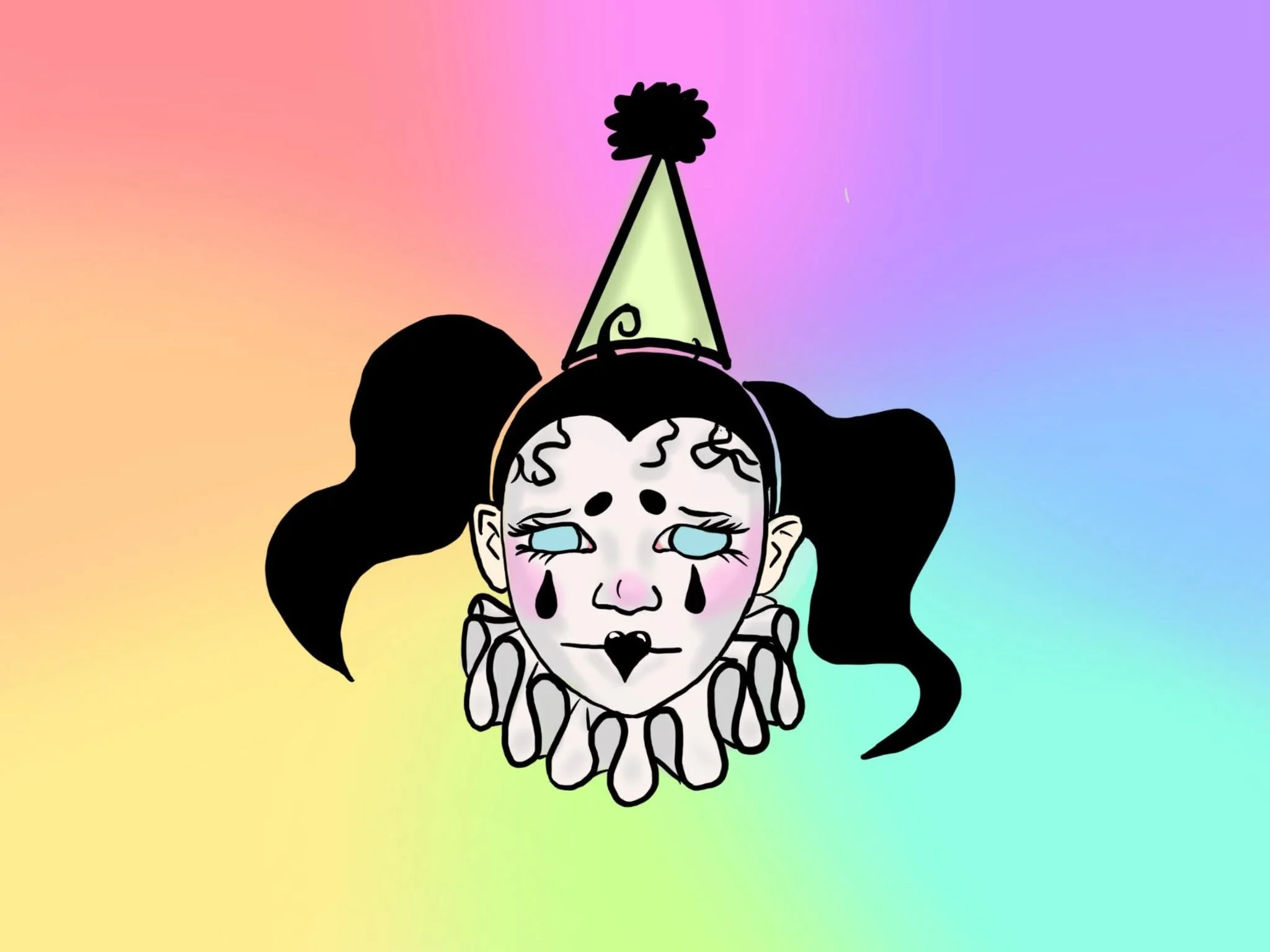 A cartoon character with a white painted face, rhinestone necklace, and large black hair styled into puffs, wearing a rainbow-colored party hat with a purple pom-pom on top, set against a pastel rainbow gradient background.