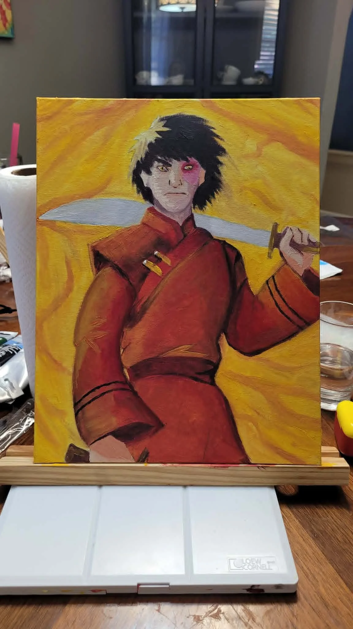 A painting of a woman with black, tousled hair, wearing a red outfit, holding a katana sword against a yellow-orange background.