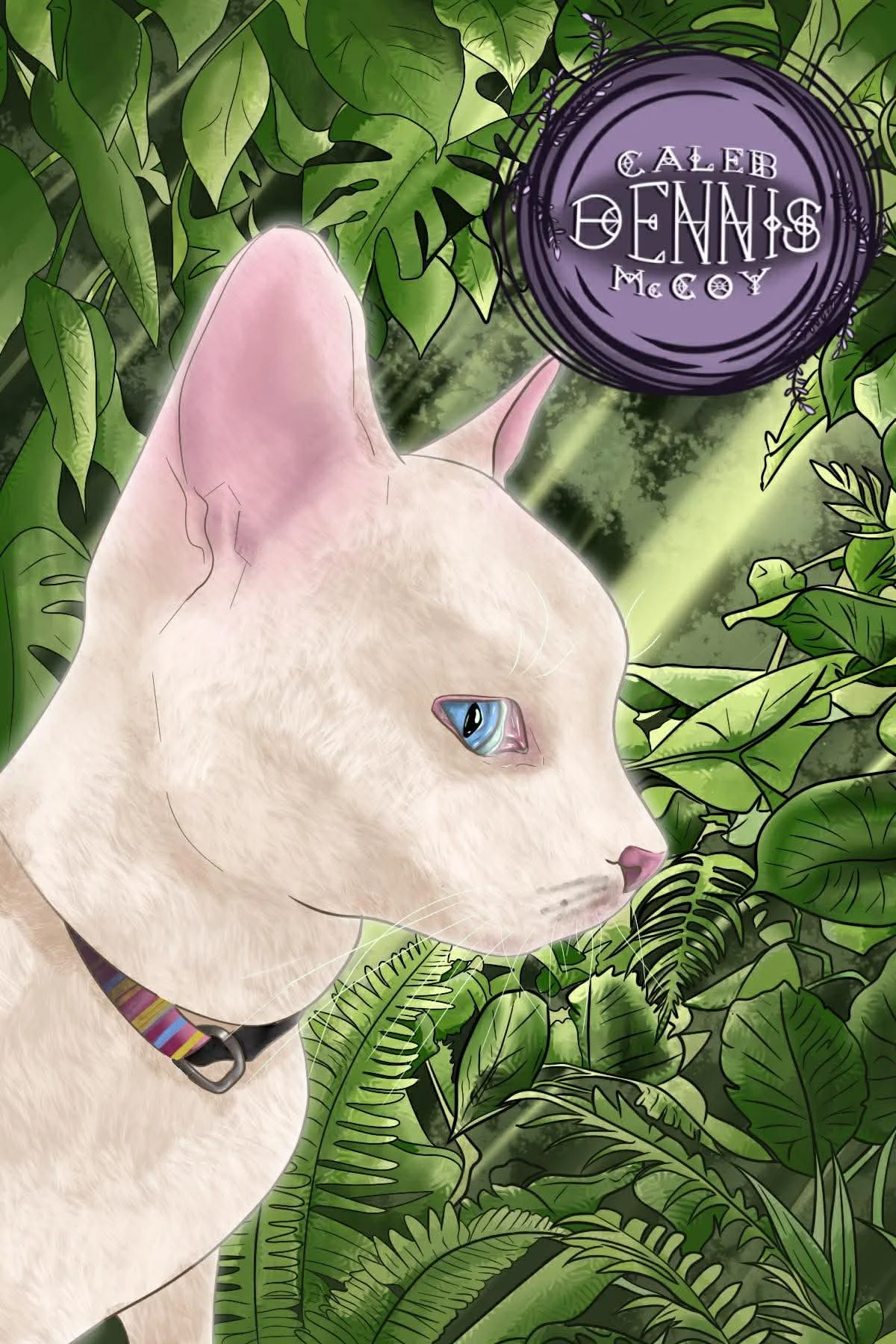 Illustration of a white cat with blue eyes and a colorful collar amid green jungle leaves, with a purple circular design and text reading 'Caleb Dennis McCoy' at the top right.