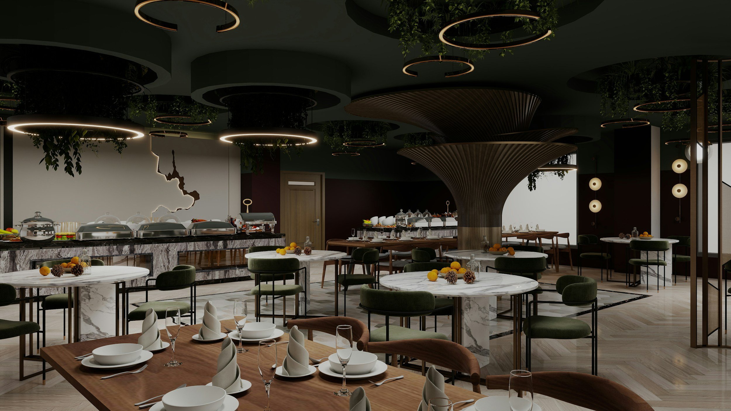 An elegant restaurant interior with modern decor, round marble-top tables set with white plates, glasses, and napkins. There are green chairs around the tables, and a buffet station with chafing dishes and food is visible in the background. The ceiling features circular lighting fixtures and decorative green plants.