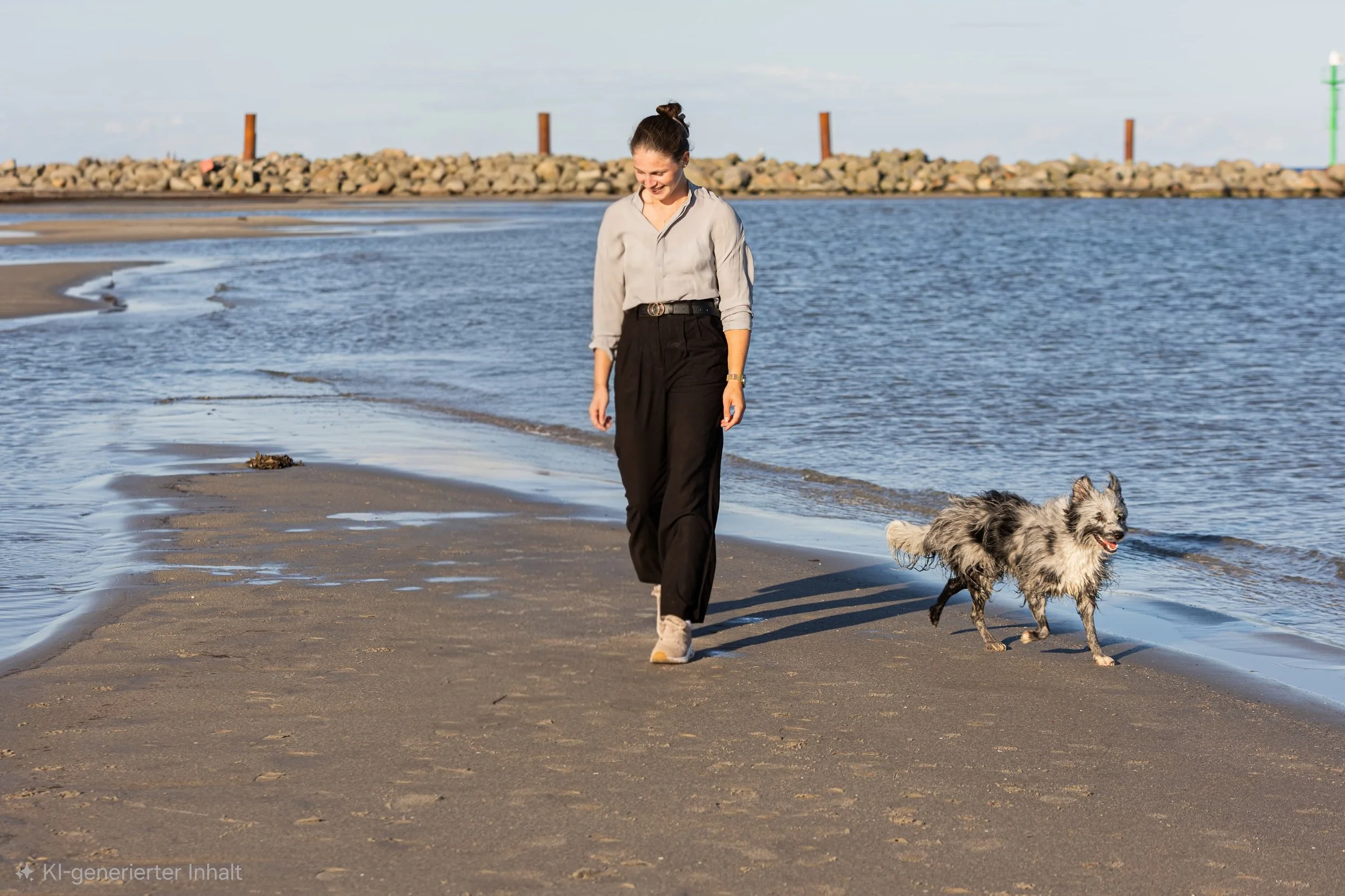 A woman walking along the beach with her dog next to the shoreline, with rocks and the ocean in the background.