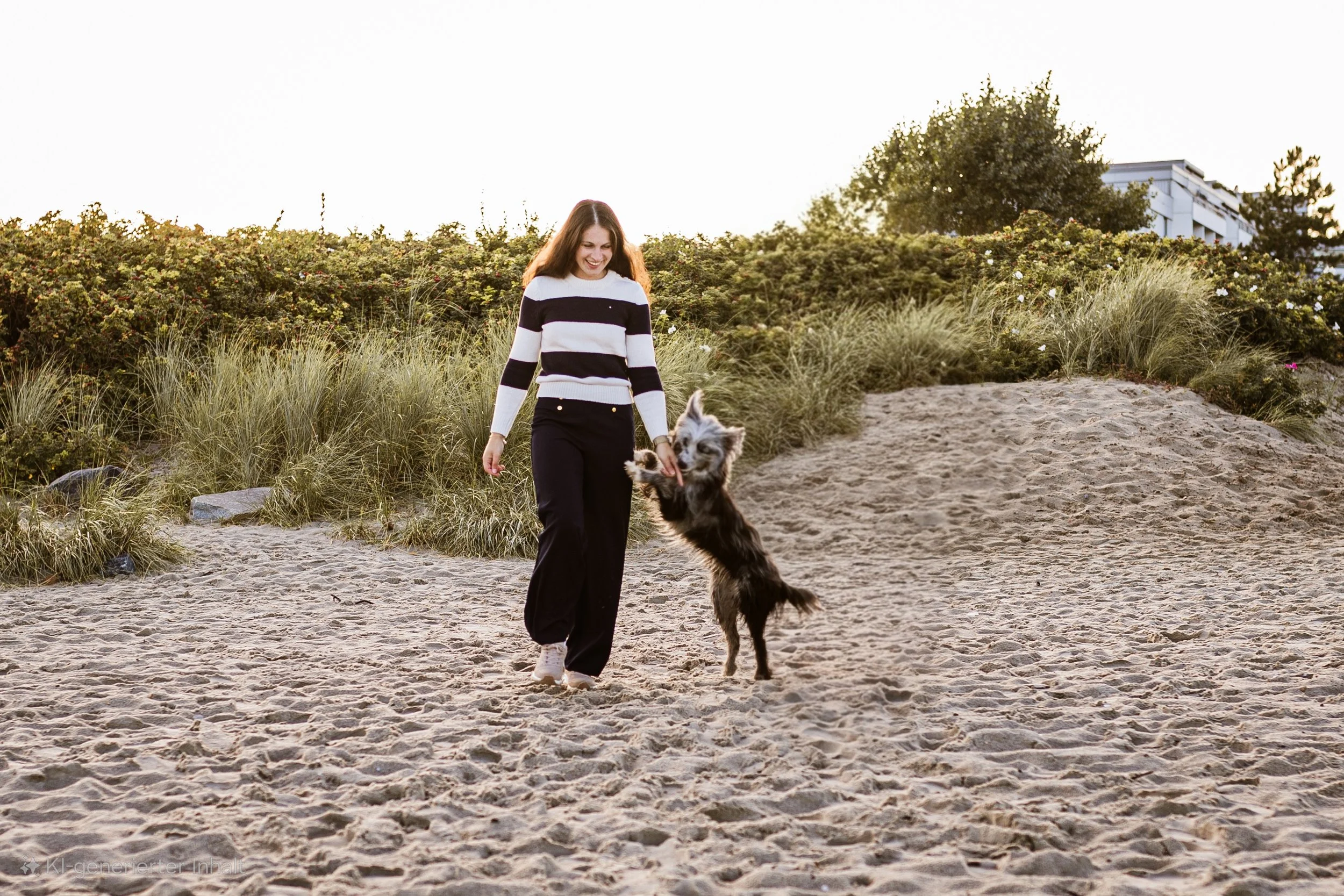 A woman in a black and white striped sweater playing with a dog on a sandy outdoor path with greenery and a building in the background during sunset.