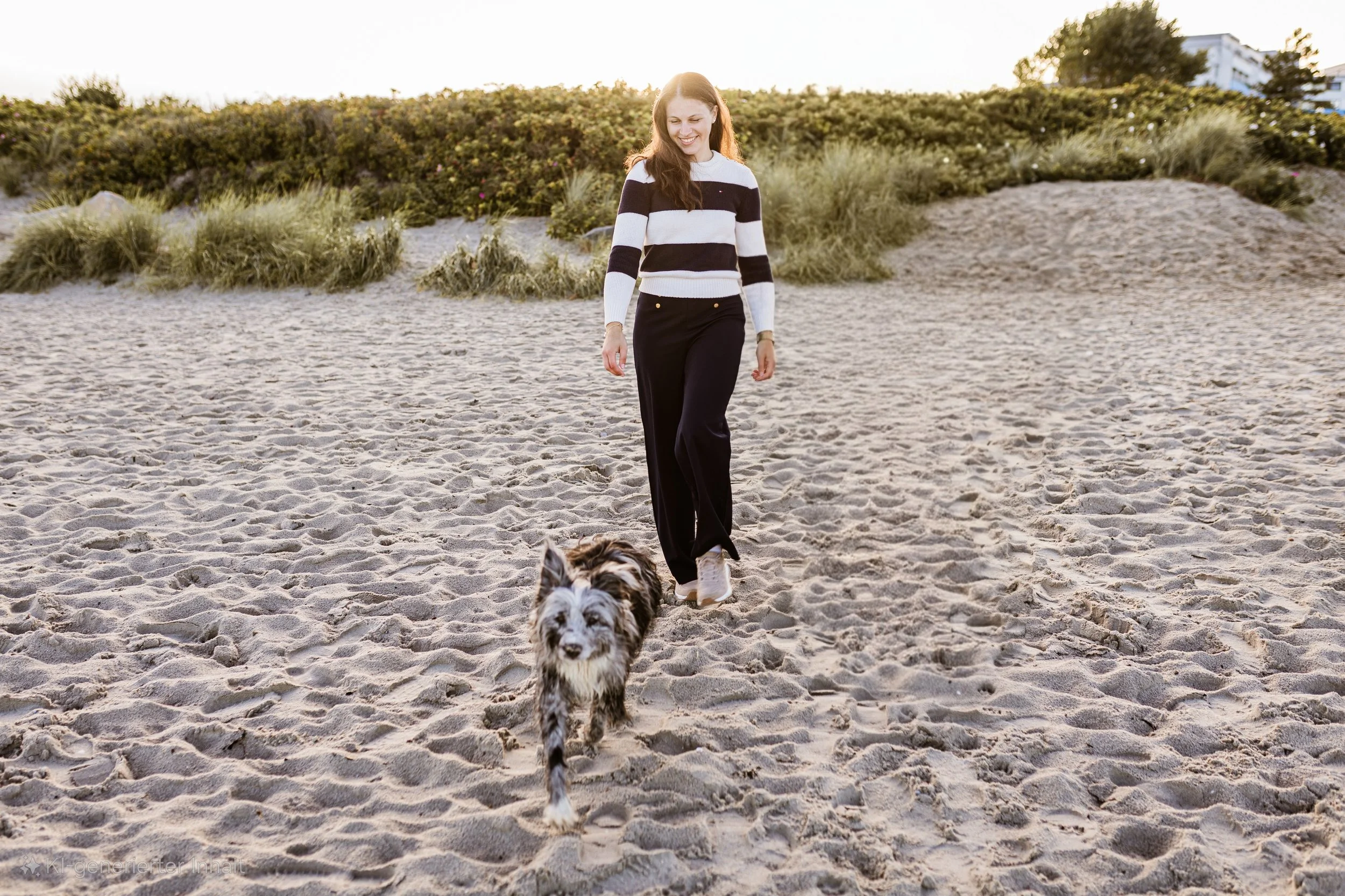 A young woman with long brown hair smiling as she walks on a sandy beach with her dog. She is wearing a black and white striped sweater and black pants. The dog is small, fluffy, with a black and white coat. There are sand dunes and green bushes in the background with a house or building partially visible in the distance. The sun is setting or rising, casting a warm glow.