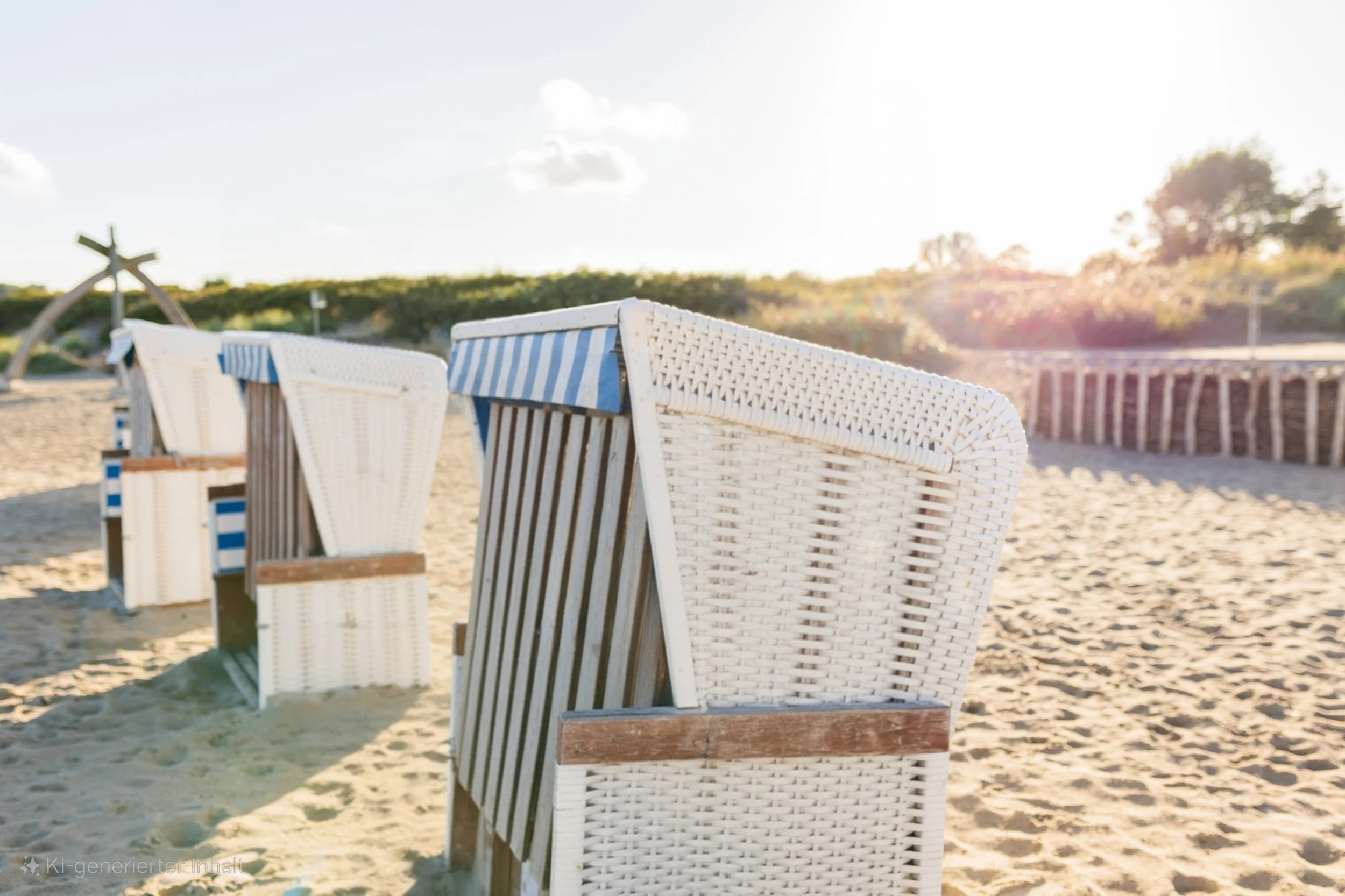 Empty white and blue striped beach chairs on sandy beach with bright sunlight, trees, and a wooden fence in the background.