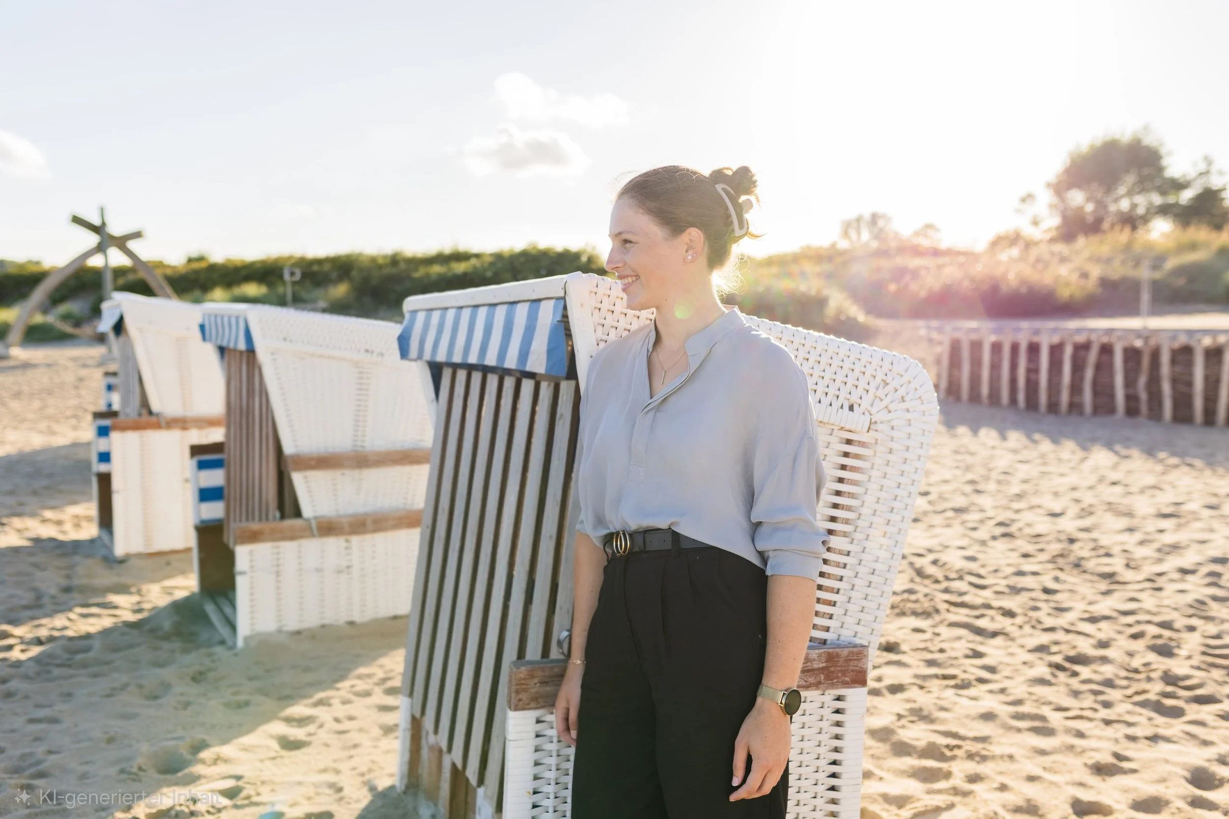 A woman standing on a beach smiling, with sunlight behind her and beach chairs in the background.