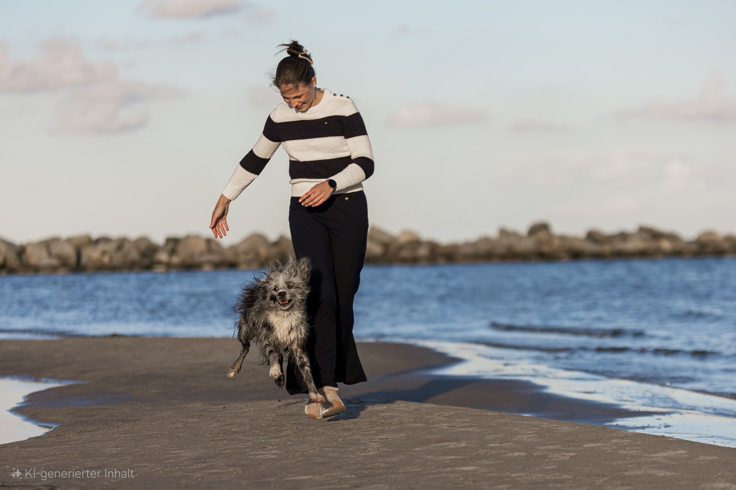 A woman with dark hair tied in a bun, wearing a striped sweater and black pants, playing with a gray and black Australian Shepherd dog on a sandy beach near the water, with rocks in the background and a cloudy sky.