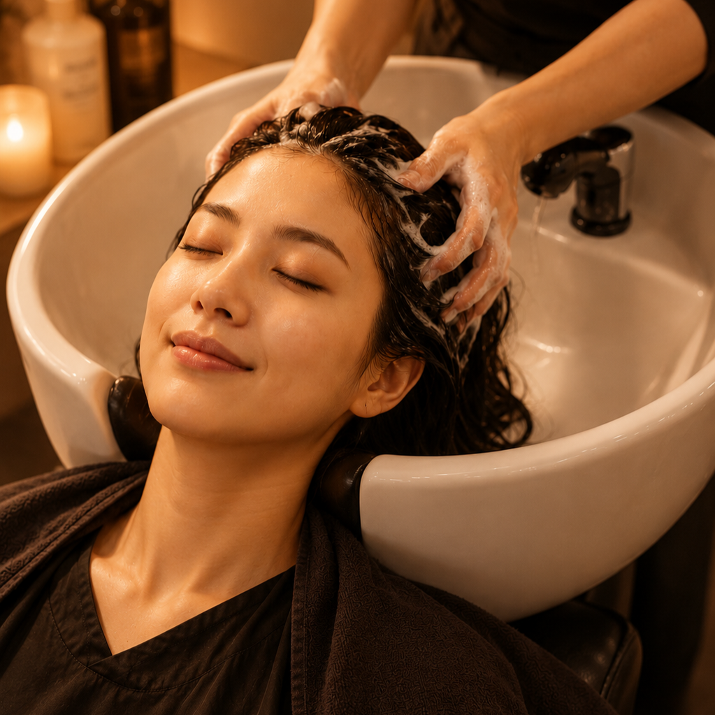 A woman is relaxing with her eyes closed while getting her hair washed at a salon sink. A person is washing her hair with shampoo. The atmosphere appears warm and soothing.