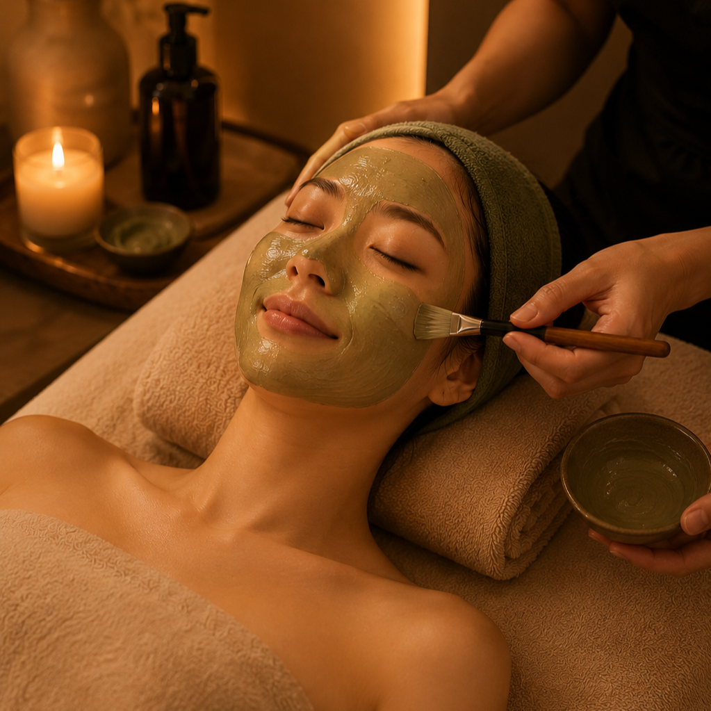 A woman relaxing at a spa with a green facial mask, receiving a facial massage, surrounded by candles and spa products.