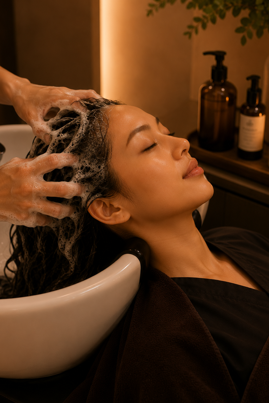 Woman receiving a head wash at a spa salon with foam and water on her hair, relaxed with eyes closed.