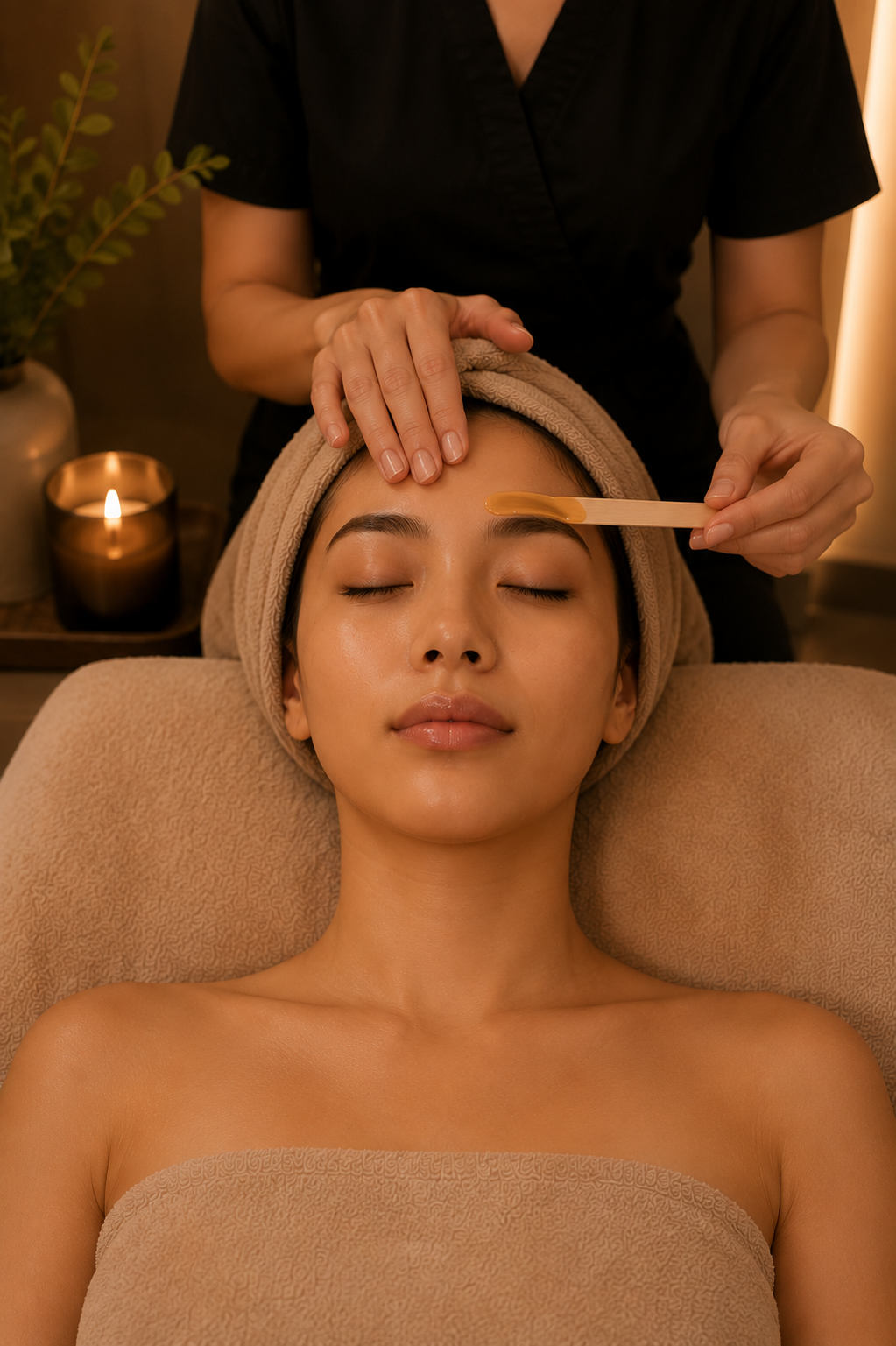A woman receives a facial treatment in a spa, with her eyes closed, towel wrapped around her head, and a therapist applying a facial mask with a spatula.