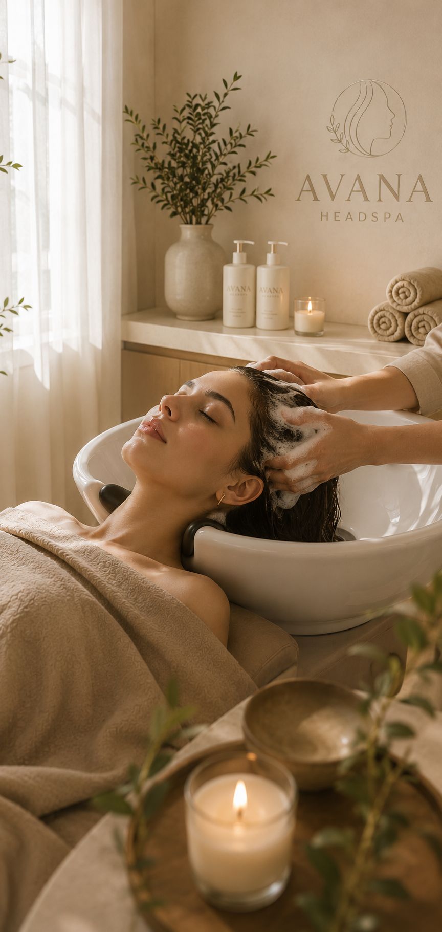 Woman relaxing at a spa getting her hair washed in a salon, with candles and towels in a calming environment.