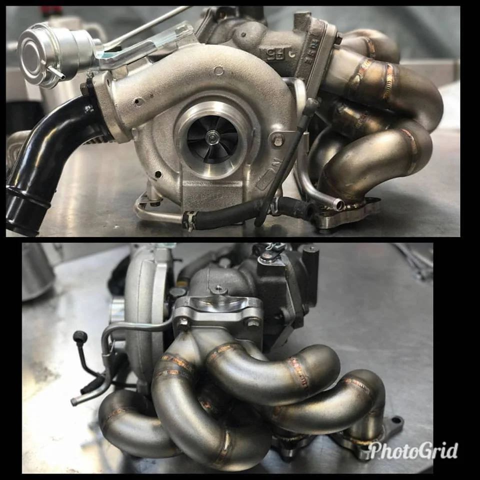 Two close-up views of a turbocharger and exhaust manifold assembly for a car engine.