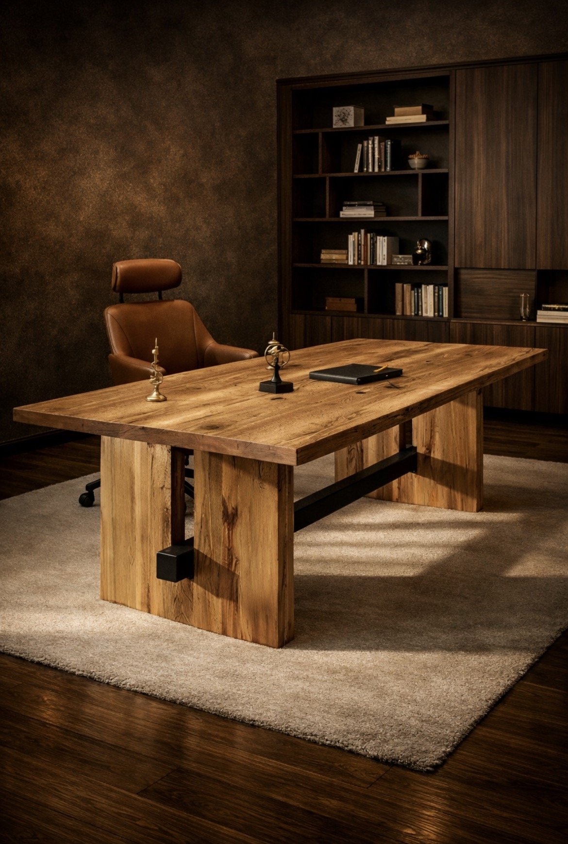 A wooden desk in a dimly lit office with a leather office chair behind it, and a bookshelf filled with books and decorative items.