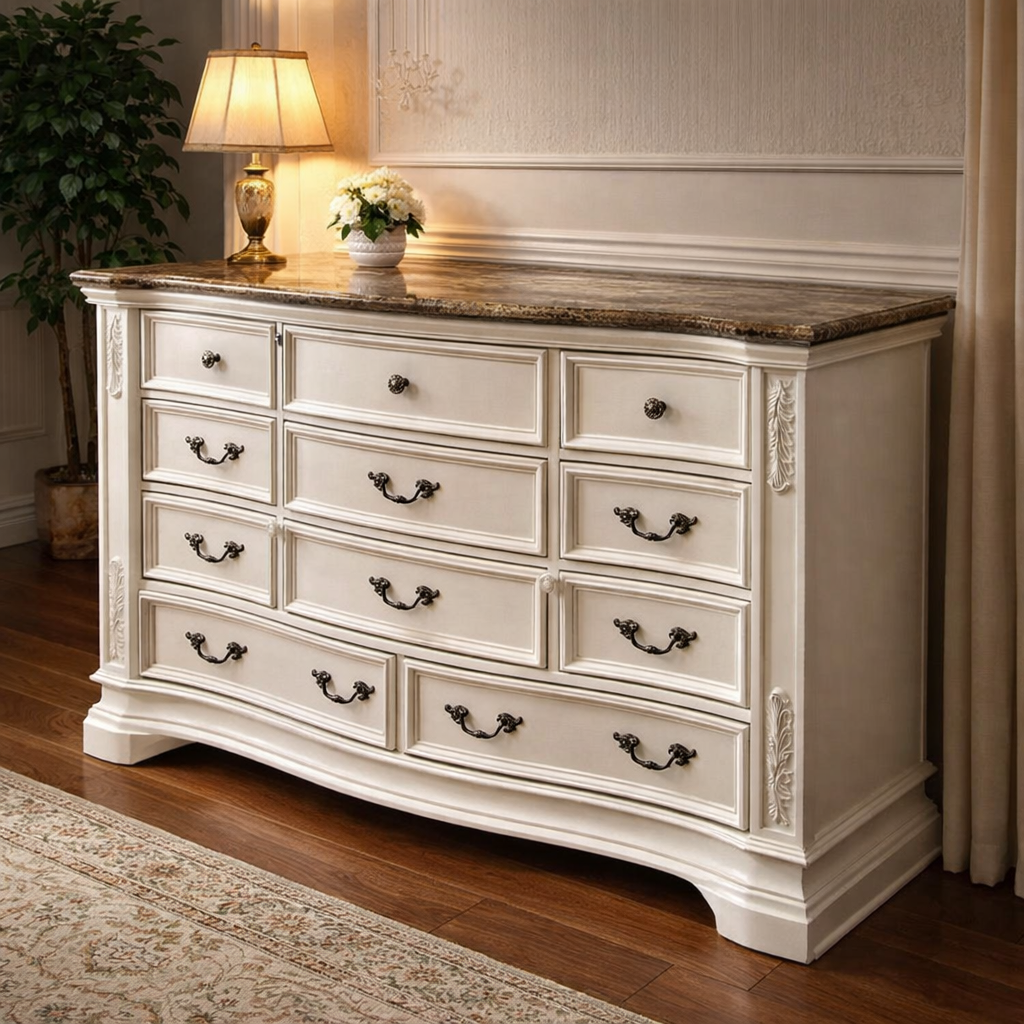 Marble Top, Solid Wood Dresser in Pearl White