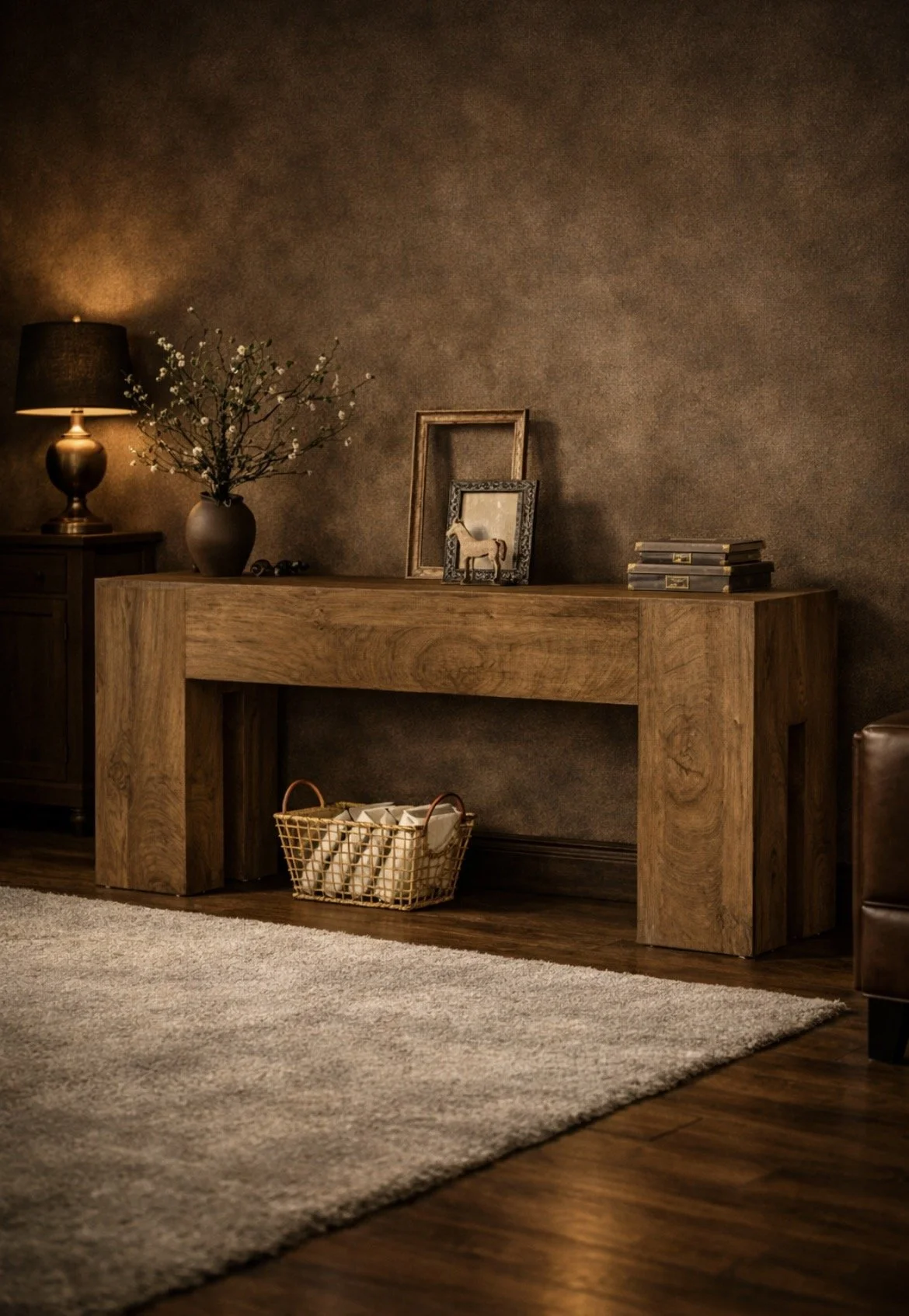 A cozy living room corner featuring a wooden console table with decorative frames, a ceramic horse figurine, and a stack of books. To the left, there's a dark table with a lamp and a vase with flowering branches. A woven basket with rolled-up towels rests underneath the console table, on a wooden floor with a beige rug.