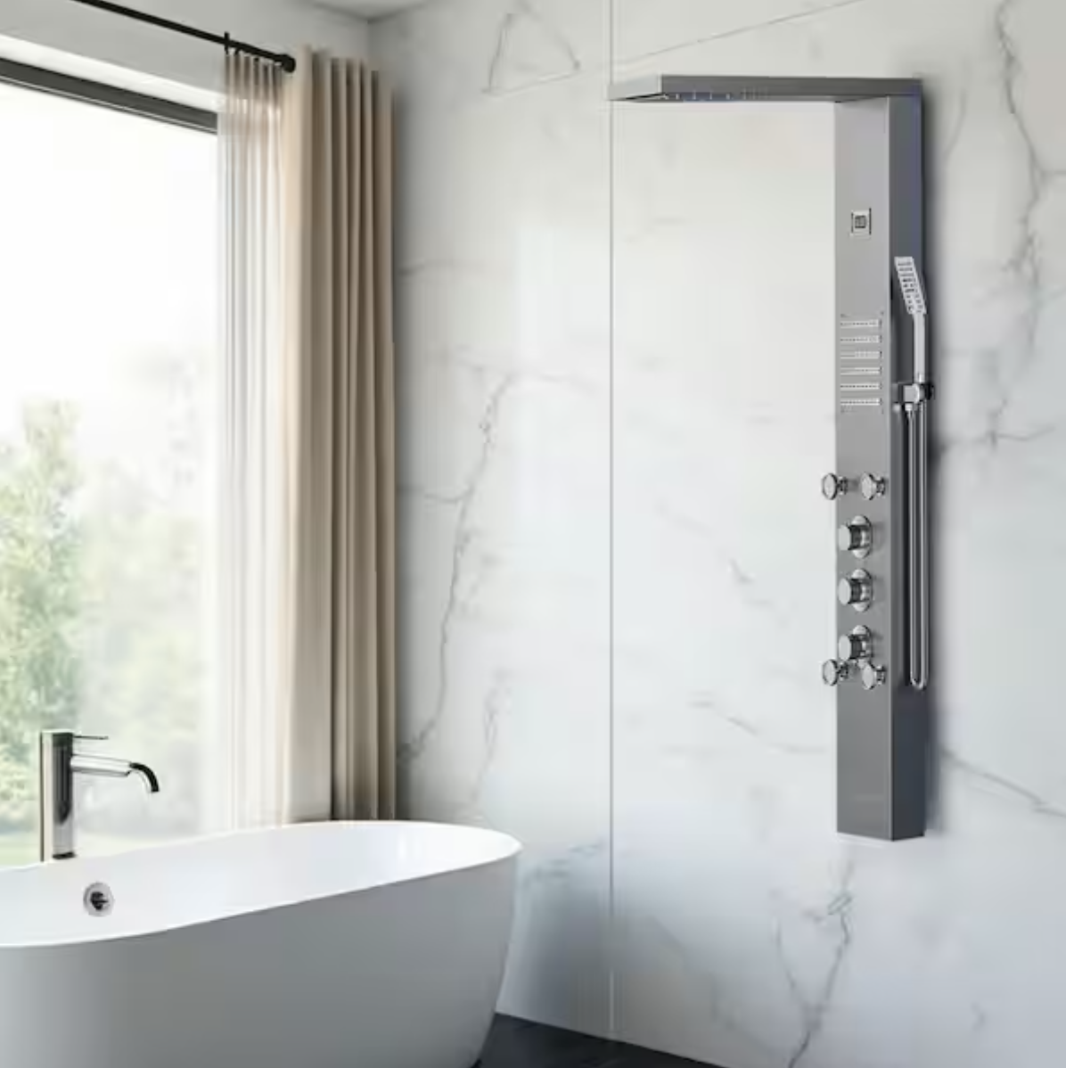 55 in. 6-Jet LED Rainfall, Waterfall Modesand Shower Panel System with Massage Modes Handheld Shower in Brushed Nickel