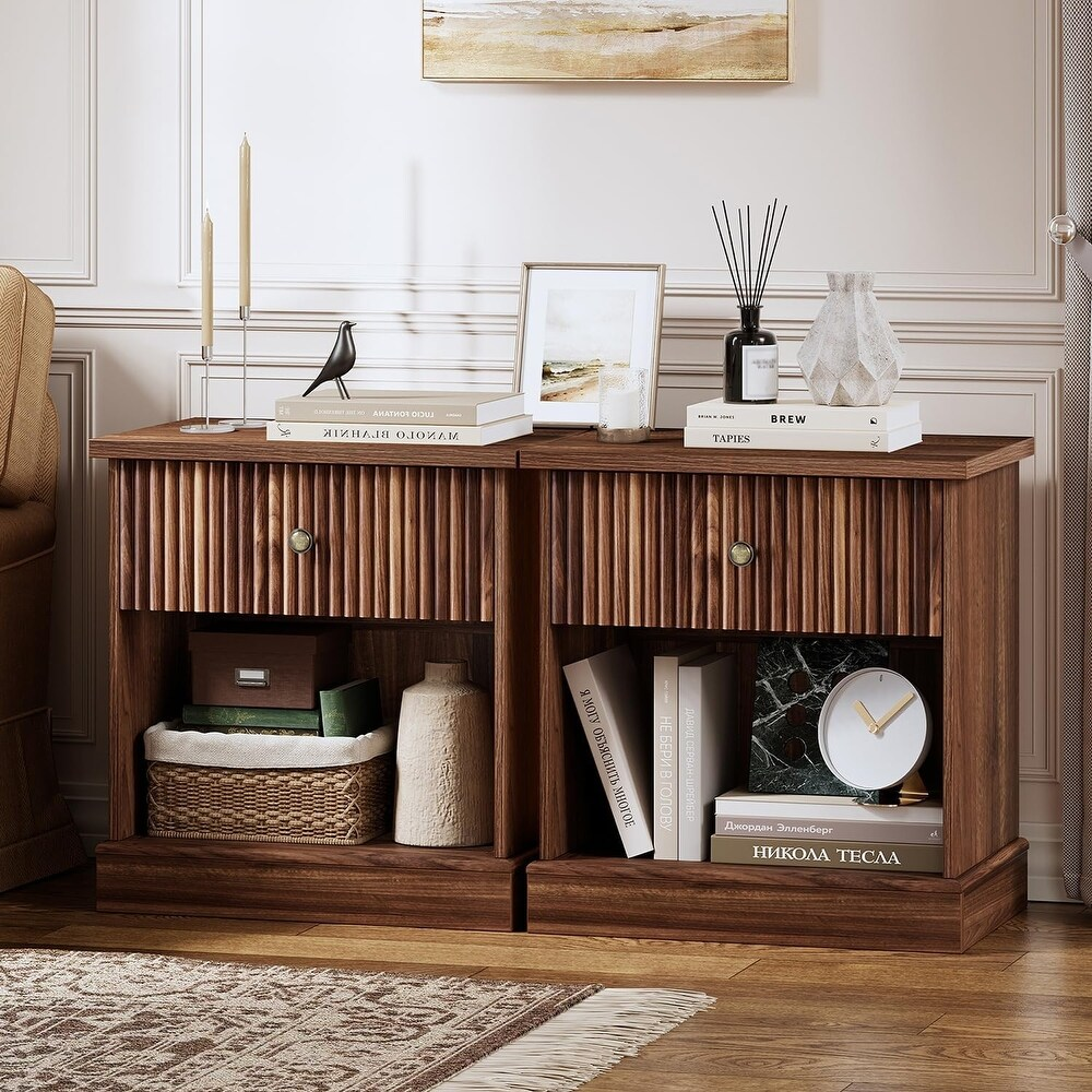 Fluted Nightstand with Drawer, Mid Century Modern Bedside Table with Open Shelf