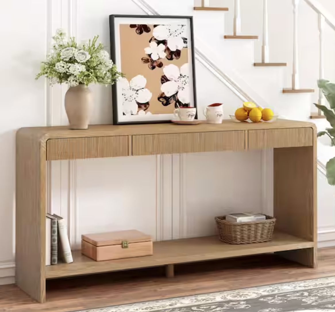 59 in. Brown 3-Drawer Rectangle Wood Console Table with Vertical Slats, Round Edge Design