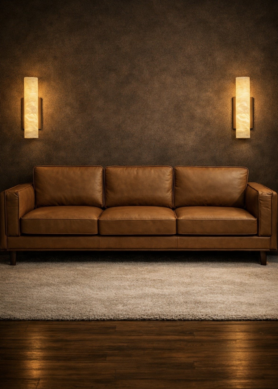 A brown leather sofa with three cushions in a room with dark walls, illuminated by two vertical wall sconces.