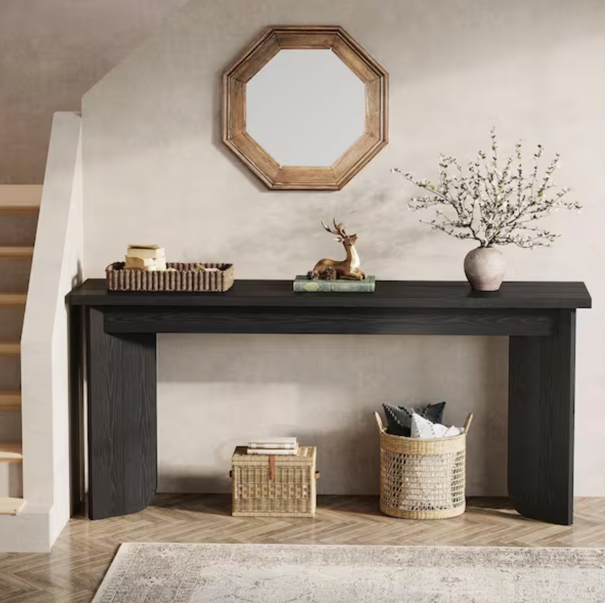 Turrella 70.9 in. Black Rectangle Wood Console Tables, SofaTable with Widened Tabletop and V-Shaped Pedestal