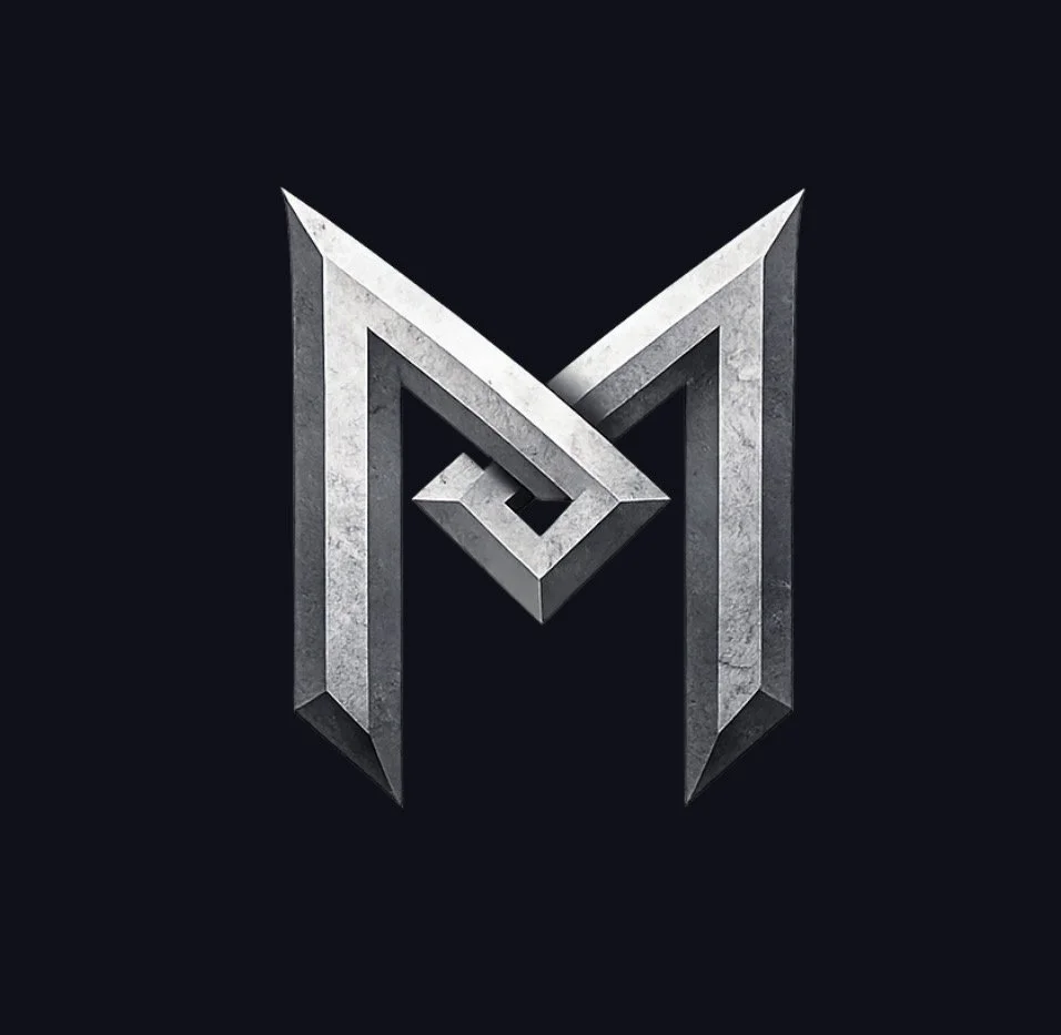 A metallic, stylized geometric logo on a black background, resembling an abstract letter 'M' with sharp angles and depth.