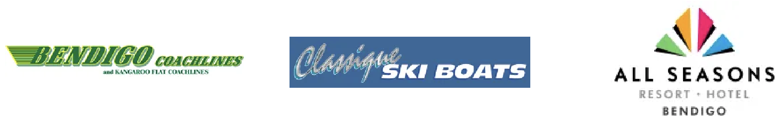 Logos of Bendigo Coachlines, Classique Ski Boats, and All Seasons Resort Hotel Bendigo.