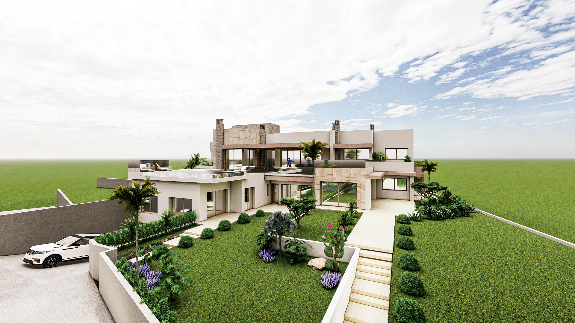 Vue d'une maison moderne à plusieurs niveaux avec terrasse, piscine, jardins et voitures dans la cour, sous un ciel partiellement nuageux.