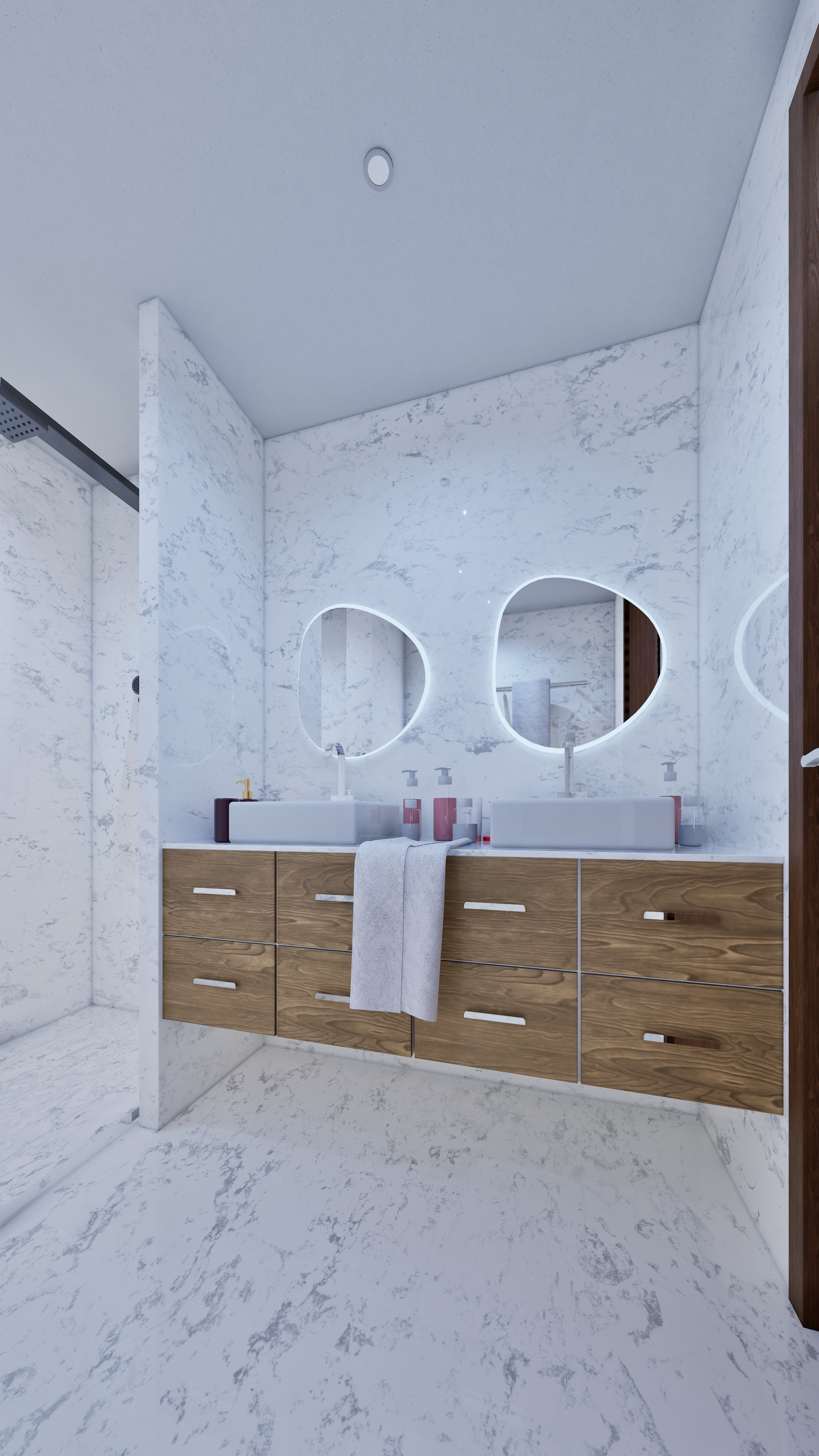 Salle de bain moderne avec double lavabo, miroirs à LED, vasque rectangulaire en céramique, meubles en bois clair, serviette blanche sur le meuble, murs et sol en marbre blanc.