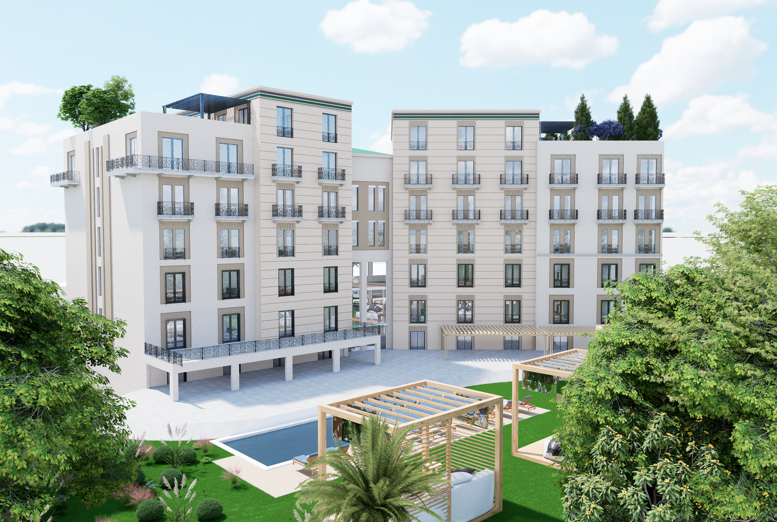 Immeuble résidentiel moderne avec balcons, piscine et espace de détente dans un jardin avec arbres et mobilier extérieur.