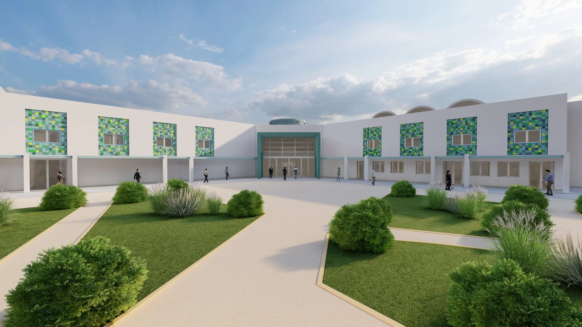Image d'un bâtiment moderne avec un toit rond, des fenêtres colorées en mosaïque et un grand espace vert entouré de pavés. Des personnes marchent devant l'entrée.