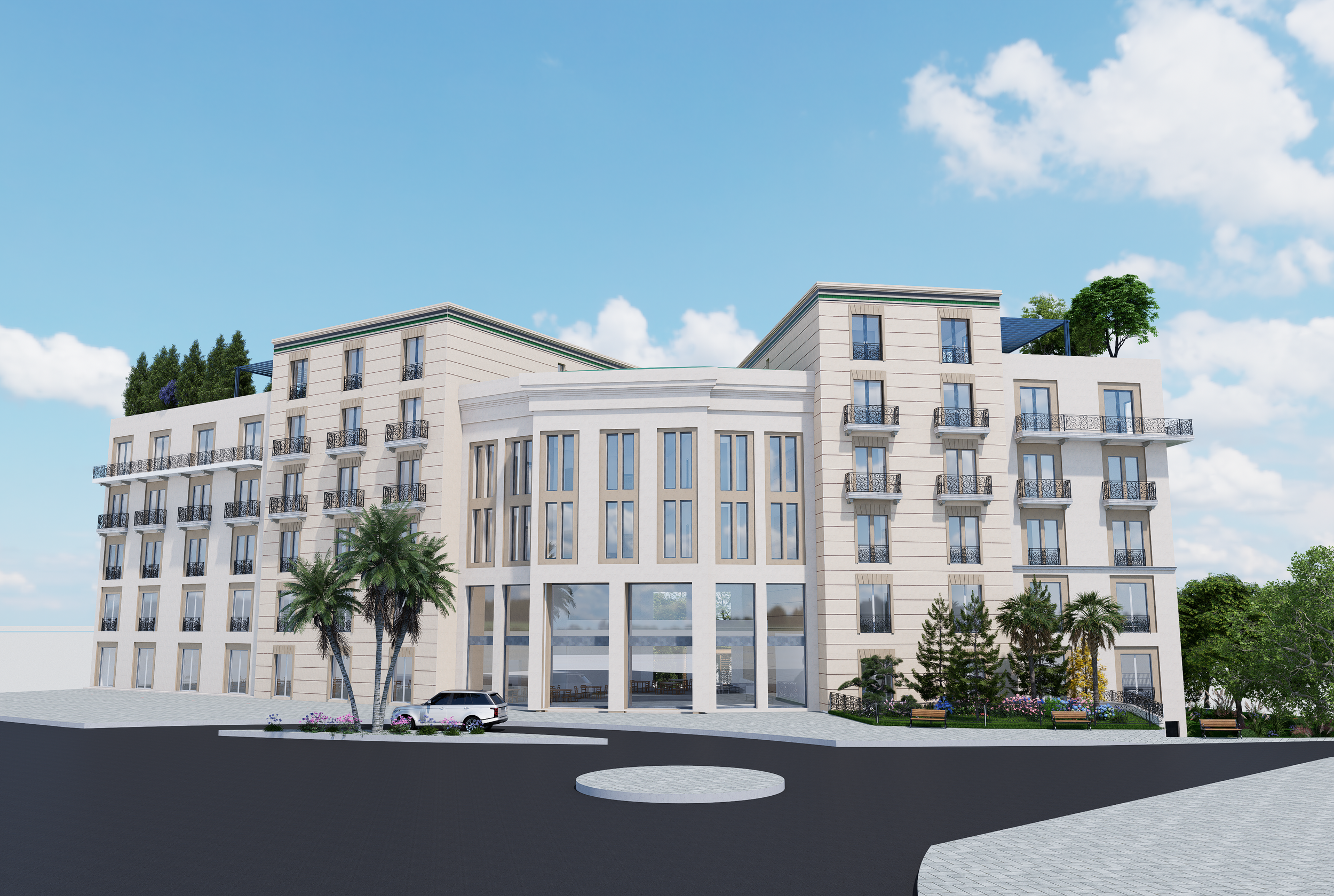 Immeuble résidentiel de style moderne avec plusieurs étages, balcons en fer forgé, arbres en terrasse, voiture garée devant et espace piétonnier avec bancs et plantes.