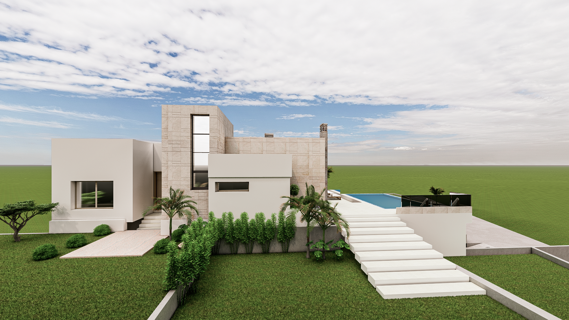 Modern house with white and beige exterior, multiple levels, large windows, palm trees, garden, swimming pool, and stairs leading to an outdoor area, under a partly cloudy sky.