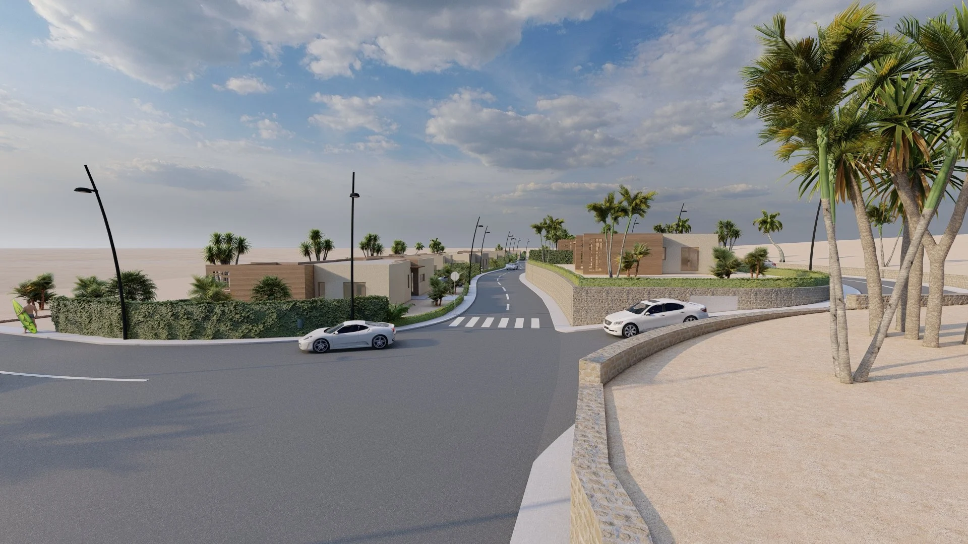Un aperçu d'une route urbaine bordée de maisons modernes, avec des arbres tropicaux, des voitures stationnées, des lampadaires inclinés, un élève faisant de la planche à roulettes, et un ciel partiellement nuageux.