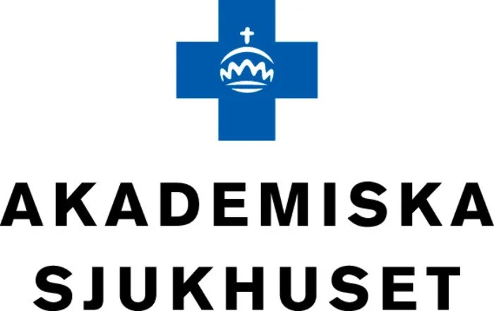 Logo of a medical organization with a blue cross and a stylized face inside, and the words "AKADEMISKA SJUKHUSET" below.