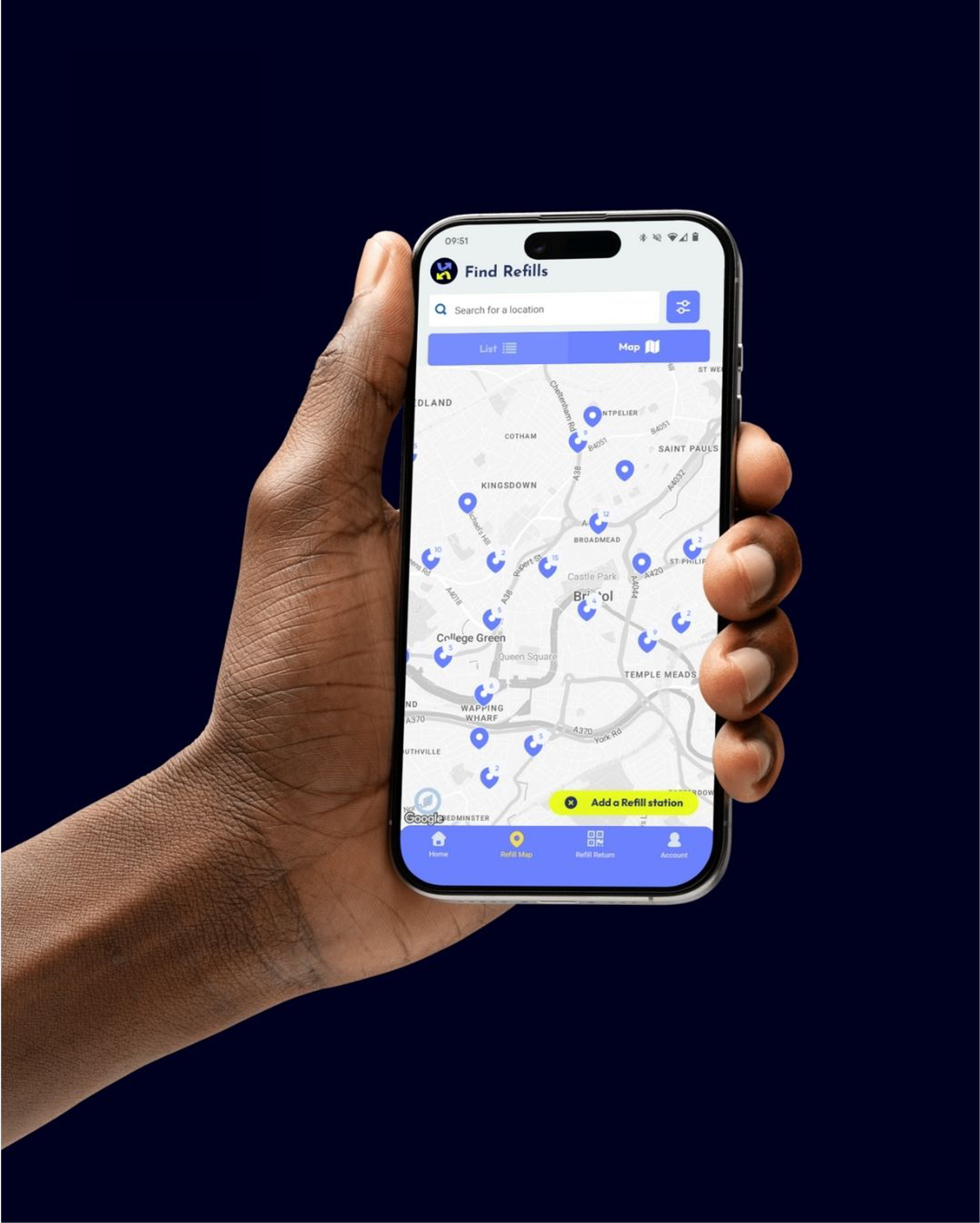 Close-up of a hand holding a smartphone displaying a map with refill station icons and an option to add a refill station at the bottom.