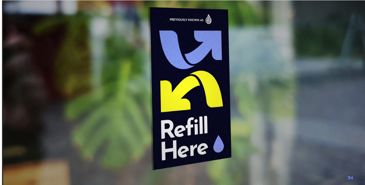 Sign on glass window with arrows and text indicating a refill station, with a droplet symbol.
