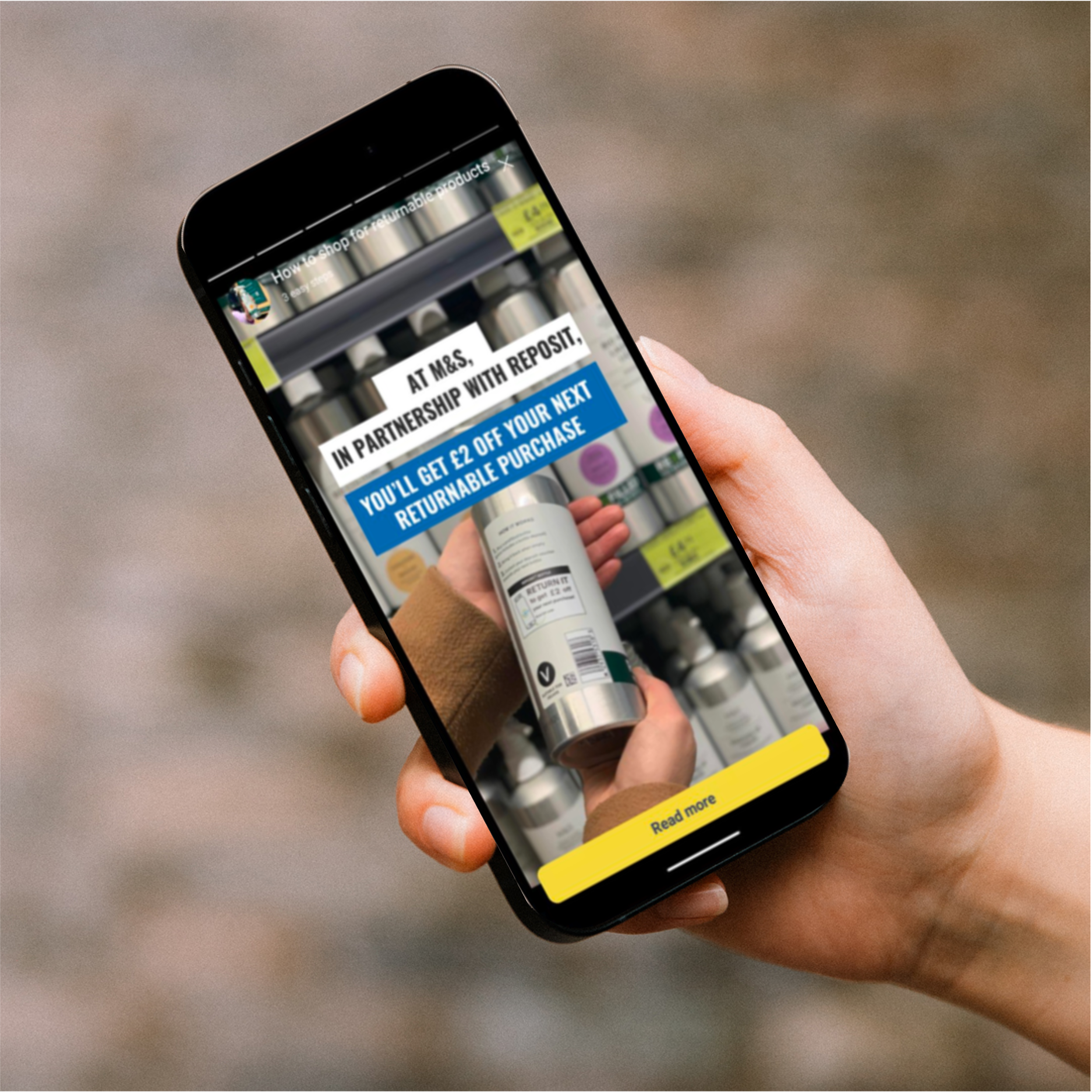 A person holding a smartphone displaying a webpage about returning bottles and cans for a refund, with a yellow 'Read more' button at the bottom.