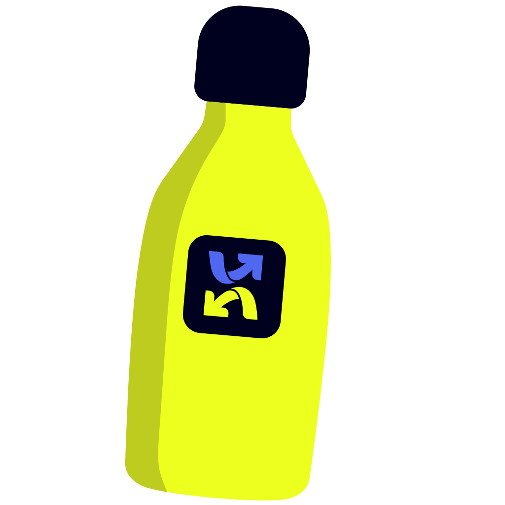 Illustration of a yellow bottle with a black cap and a black label featuring a blue arrow and the letter 'k' in yellow.